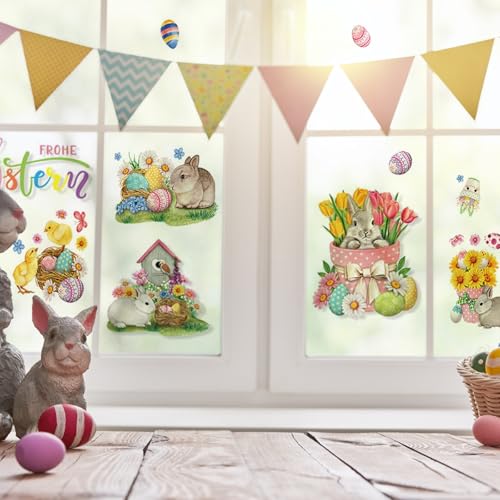 Osterdeko - 9 Blätter Selbstklebende Fensterbilder Wiederverwendbar Mit Hasen Ostereier Küken, Ostern Deko, Osterdeko Fenster, Ostern Deko Für Kinderzimmer Glastüren