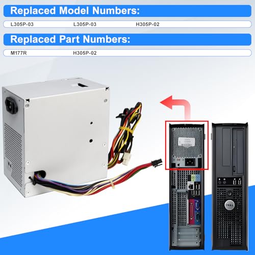 Alimentatore aggiornato Nuovo L305P-03 M177R 305W di ricambio compatibile con Dell OptiPlex 740 745 755 780 980 MT Mini Tower M177R H305P-02 PS-6311-5DF-LF L305P-01 PSU - Alimentatore - Immagine 3