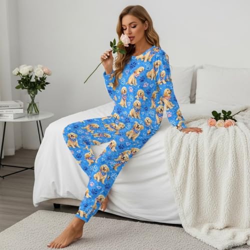 Image of Women's 2 Piece Printed Pajama Set Long Sleeve Sleepwear Set with Long Pants Casual Lounge Sets with Pocket