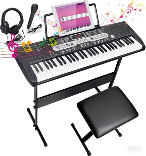 Keyboard Piano, 61 Key Keyboard für Einsteiger, mit Keyboardständer, Klavierbank, Mikrofon, Kopfhörer, Notenablage, LED-Bildschirm, Lehrmodi, E-Piano Geschenk für Kinder ab 7 Jahre (Schwarz)