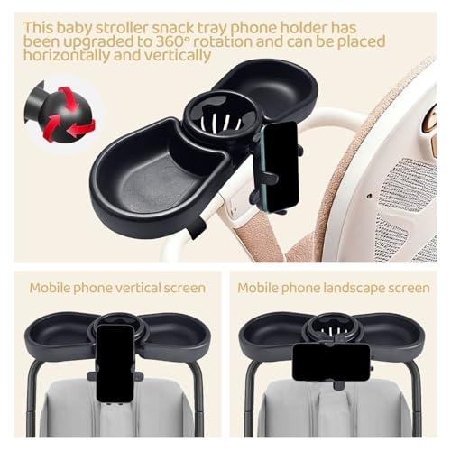 Universal Stroller Snack Tray, 4-in-1 Stroller Tray Attachment with Cup and Phone Holder, 360° Rotating Stroller Snack Tray, Suitable for Most Strollers, Compatible with Uppababy, Nuna, etc.