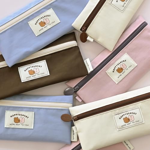 Image of Monolike Happy and Lucky Flat Pencil Case, Brown - Slim Water-Resistant Nylon Pen Pouch, Aesthetic Pastel Stationery Organizer for Office