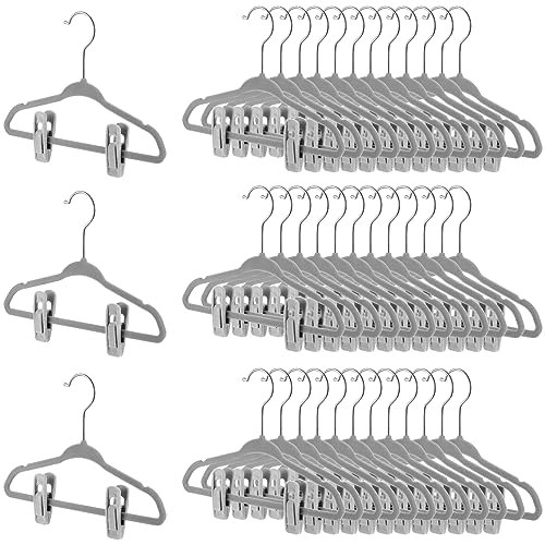 Soaoo 50 Pcs Grey Velvet Kids Hangers with Clips, 11 Inch Non-Slip Slim