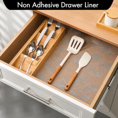 Image of ElastPro (45 cm X 3 m) Printed Shelf Liners for Kitchen Shelves, Drawer Mat, Shelf Liner, Fridge Mats, Kitchen Cabinet Drawer Mat Liner Sheets (Fan Leaf Silver)