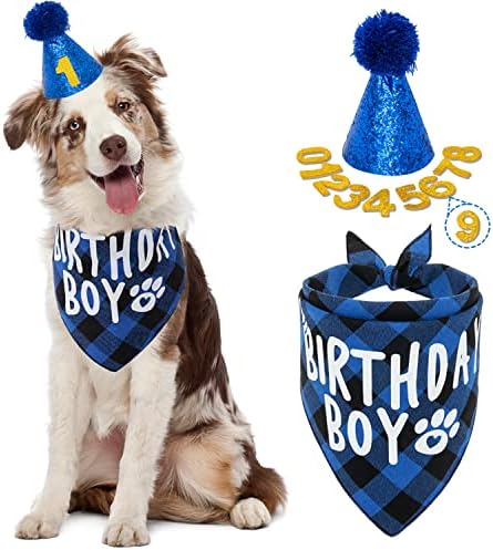 FLYSTAR Dog Birthday Bandana with Hat and Number - Plaid Cute Doggy Bandana for Small Medium Large Dogs Boy- Blue Triangle Scarf Bibis Party Dog Outfits