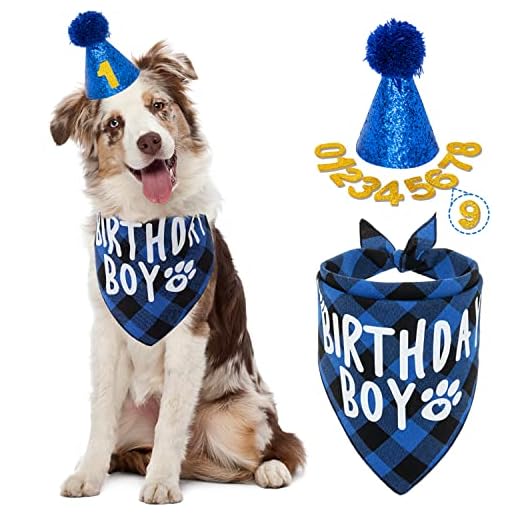 FLYSTAR Dog Birthday Bandana with Hat and Number - Plaid Cute Doggy Bandana for Small Medium Large Dogs Boy- Blue Triangle Scarf Bibis Party Dog Outfits