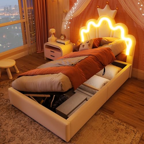 LAKFEW Cama Individual Cama Niña 90x200 cm con LED y Almacenaje Hidráulico, Camas Juveniles Cama 90 Infantil con Cabecero Ajustable de Diseño Corona, Camas Individuales, PU, Blanco, Sin Colchon