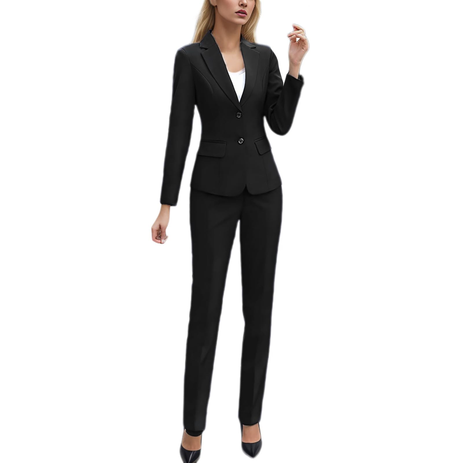 Tuta da donna elegante, 2 pezzi, tinta unita, con pantaloni e blazer, giacca monopetto, pantaloni lunghi, per pendolari, costume da lavoro, abbigliamento professionale