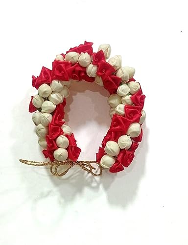 Chirag Exim Gajra, Artificial Rose Jasmine Flowers White and Red Color - Hair Accessory for Indian Bollywood Look, Weddings, Dholki, Prom, Dance - 1 Pack