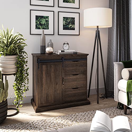 BELLEZE-Sideboard-Buffet-Cabinet-with-Storage-Console-Table-Coffee-Bar-Storage-Cabinet-with-1-Sliding-Barn-Door-and-3-Drawers-for-Living-Room-Kitchen-Dinning-Room-Dark-Walnut-315-L-x157-Wx318-H BELLEZE Sideboard Buffet Cabinet with Storage Console Table Coffee Bar Storage Cabinet with 1 Sliding Barn Door and 3 Drawers for Living Room Kitchen Dinning Room Dark Walnut 315 L x157 Wx318 H