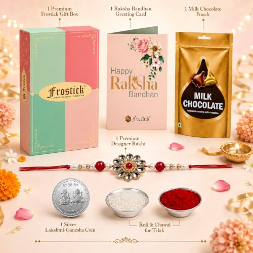 Image of Frostick Designer Rakhi With Branded Chocolate for Bhaiya /Bhai /Brother With Greeting Card, Tilak Chawal and Silver coin (Random Design Rakhi)