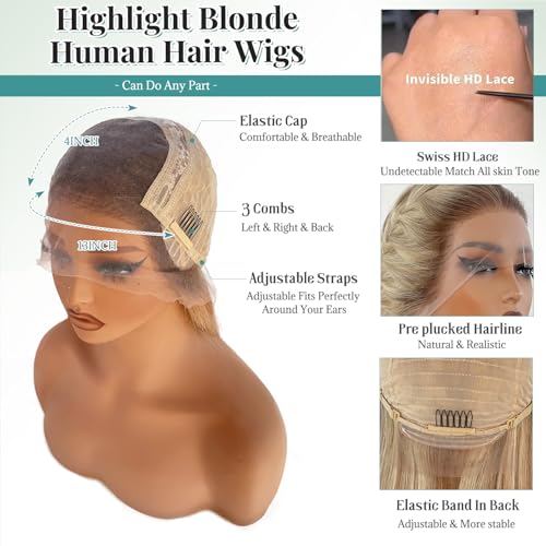 Image of Munx Ash Blonde Lace Front Wigs Human Hair, 16Inch Straight Ombre Human Hair Wigs for Women 13x4 HD Transparent Lace Frontal Wigs 180% Density Colored Blonde Free Part 613 Lace Frontal for Women