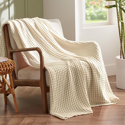 Image of Bedsure Cooling Cotton Waffle Weave Blanket - Lightweight Breathable Blanket of Rayon Derived from Bamboo for Hot Sleepers, Luxury Throws for Bed, Couch and Sofa, Beige, 50x70 Inches