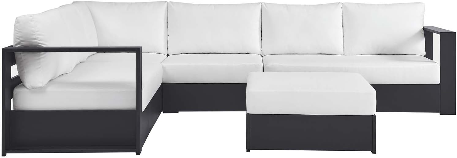 Modway Tahoe Aluminum 5-Piece Outdoor Patio Furniture Gray White, Modular Sectional Sofa Set with Weather-Resistant Cushion and Ottoman, Ideal for Deck, Backyard Poolside