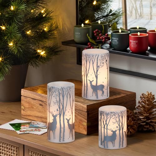 Image of GenSwin Flameless Candles with Timer, Christmas LED Flickering Candles Real Wax with Silver Deer Decals, 3 Pack Pillar Fake Candle for Winter Indoor Fireplace Christmas Decor(D3 inch x H4 inch5 inch6 inch)
