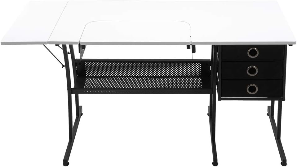 Firlar White Sewing Table with 3 NonWoven Drawers, Multipurpose Sewing Desk with Iron Pipe Legs