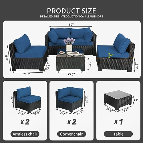 Outdoor-Patio-PE-Wicker-5-Piece-Furniture-Set-Black-Rattan-Sectional-Conversation-Sofa-Chair-with-Coffee-Table-Navy-Blue-Cushion Outdoor Patio PE Wicker 5 Piece Furniture Set Black Rattan Sectional Conversation Sofa Chair with Coffee Table Navy Blue Cushion