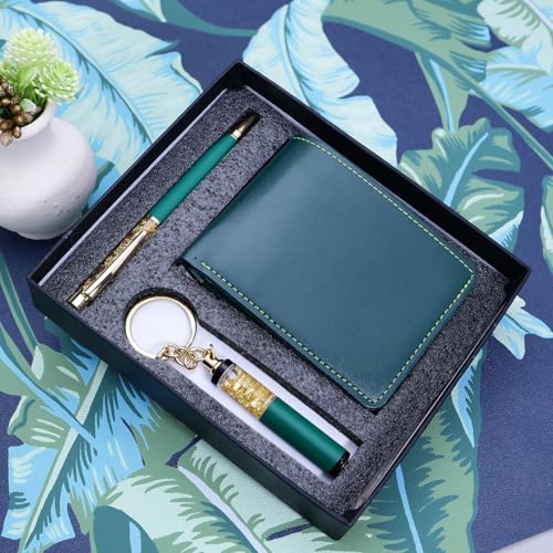 Image of Teak Wood Customized Leather Wallet Pen Keychain Gift Set for Men with Name, Personalized Brown Purse Combo, Stylish Gift for Husband, Boyfriend - Mens Wallets, Wallets for Man, Men Wallet Green