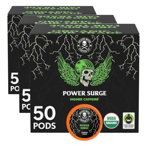 Death Wish Coffee, Power Surge Single Serve Coffee Pods, Naturally Higher Caffeinated Coffee, Certified Fair Trade and Organic (50 Count) (Pack of 3)