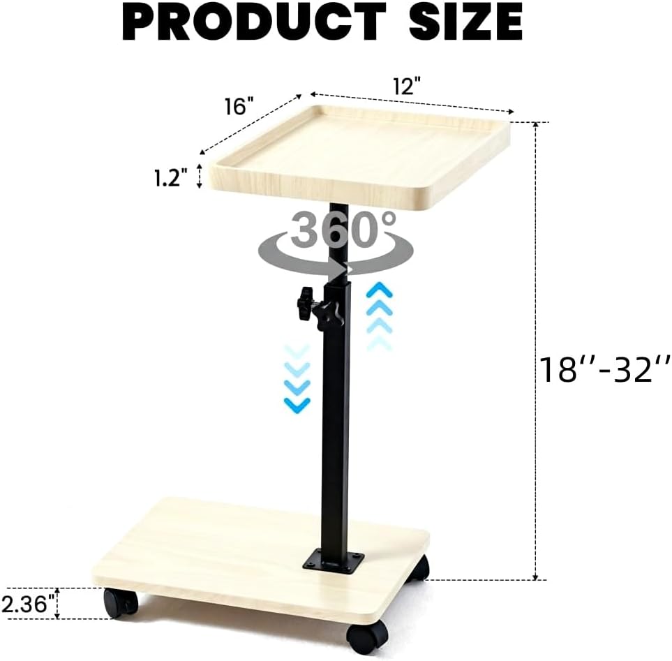 C Table End Table Adjustable Height,C Shaped End for Couch，Snack Tables,360°Swivel TV Tray Sofa Table,Tables That Slide Under,Coffee SideTable for Bed,Chair,Bath-tub (Solid Wood Color)