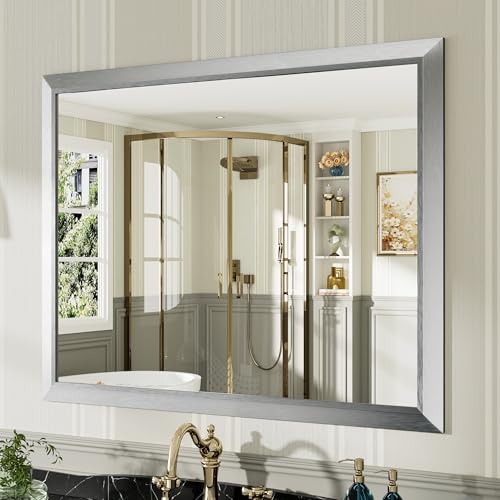 Image of 40x32 Inch Brushed Silver Bathroom Mirror for Wall, Thick Metal Framed Rectangle Mirrors for Over Sink, Bedroom, Living Room, Entryway, Anti-Rust, HD Tempered Glass