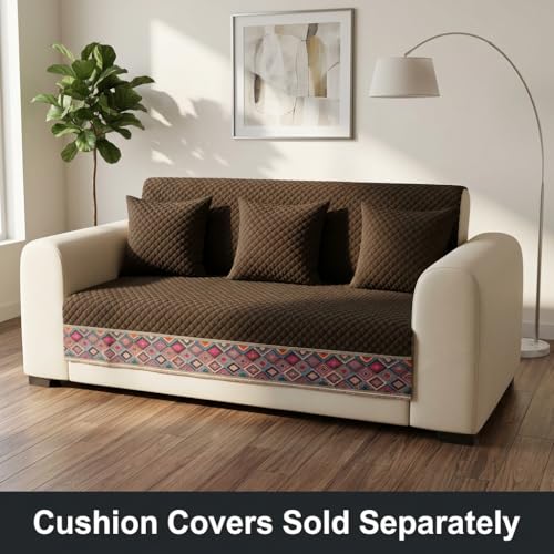 Image of KINGLY Sofa Cover 3 Seater Fully Covered | Stretchable Anti-Slip Slipcover | Washable Furniture Protector | Chocolate Brown | Set of 2 | Seat & Back |