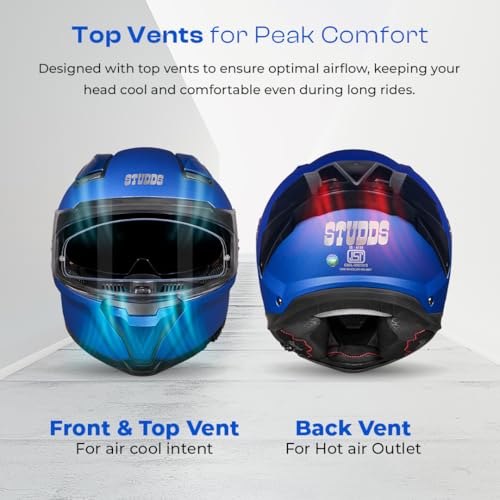 Image of STUDDS Helios ISI and DOT Certified Full Face Helmet with Antifog 100 Lens, Sporty Spoiler (MATT Blue - XL)