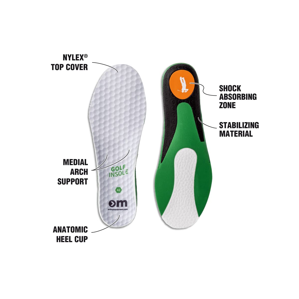 OM Ortho Movement Golf Insole Soletta, Maggior Equilibrio Durante lo Swing. Sostegno Arco Plantare (45)