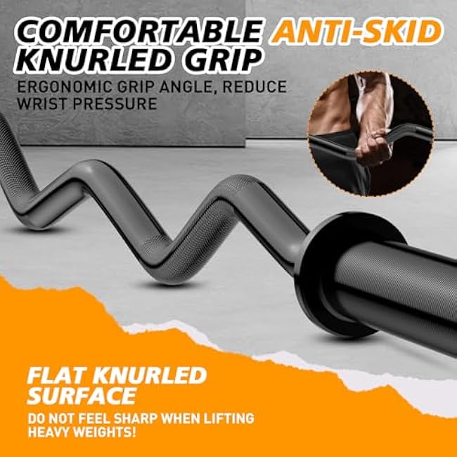 Olympic EZ Curl Barbell Bar 47, 2-Inch Curl Bar for Weight Lifting,Hip Thrusts,Squat,Biceps-Home Gym Weight Bar, Chrome Curling Bar for 2 Inch Weight Plates -2 Spring Collars(500lb Weight Capacity)