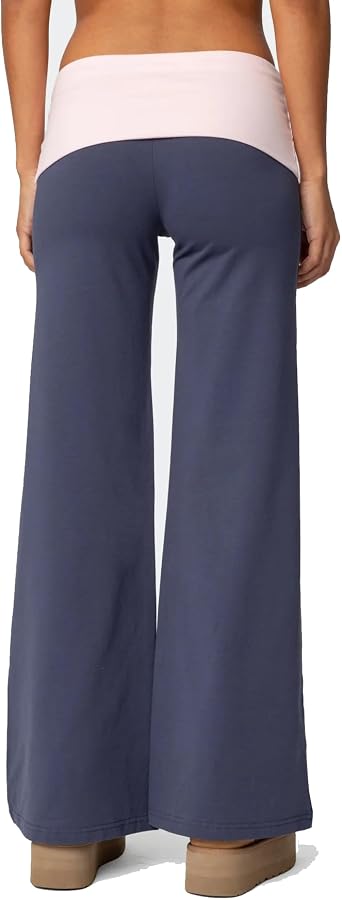 Women Y2k Fold Over Yoga Pants Colour Block Straight Leg Bottoms Low Rise Stretchy Lounge Trousers