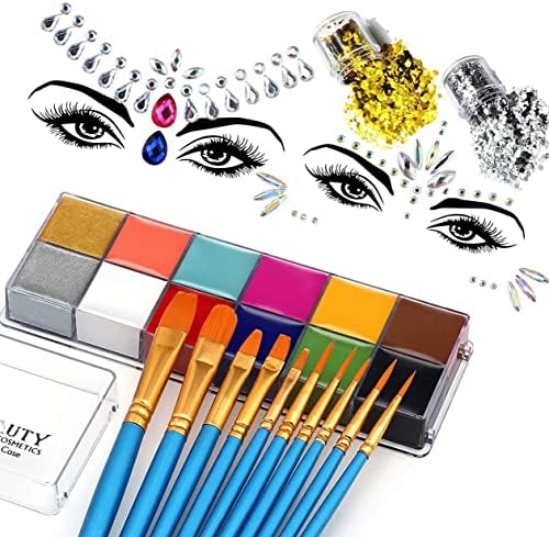 CCBeauty 12 Colors Face Body Paint Oil Based Halloween Fancy with 10 Blue Brushes,2 Packs Face Jewels Rhinestone Sticker,2 Cases Face Chunky Glitter Sequins for Special Effects SFX Cosplay Costume