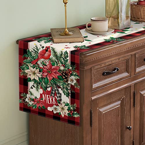 Cmegke Christmas Table Runner, Christmas Cardinal Table Runner, Winter Buffalo Floral Table Runner, Winter Kitchen Dining Table Decor For Winter Floral Farm Home Party Kitchen Dining Decor 13X72 In #TOP2