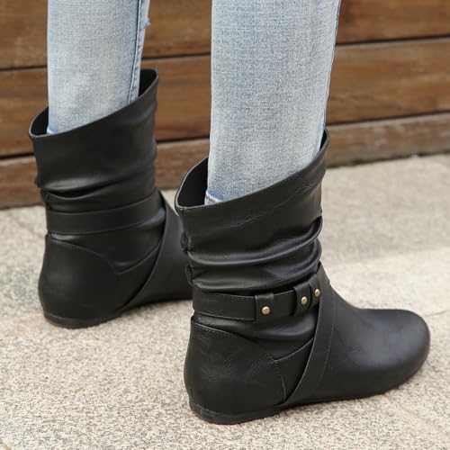 Women's Studded Ankle Booties - Low Heel Round Toe Casual Boots with Metal Decor, Comfortable Slip-On Flat Boots for Everyday Wear 6
