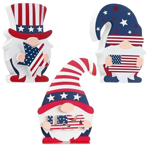 Patriotic Gnome for Home Decor 4th of July Wooden Gnome Decorations Memorial Day Decorations Red White and Blue Rustic Decor Freestanding Table Signs 3Pcs