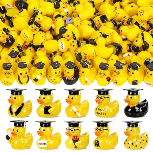 QAUYETM 120 Pcs Graduation Mini Resin Ducks 10 Style Small Ducks Figures with graduate Cap Bulk Yellow Grad Ducks Class of 2026 for Graduation Party Favors Gift DIY Crafts Dollhouse Decor