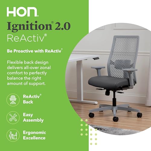 Image of HON Ignition 2.0 ReActiv Ergonomic Office Chair, Mesh Desk Chair with Lumbar Support, Synchro‑Tilt Recline, Height and Width Adjustable Arms, Swivel Wheels, Titanium Frame, Graphite
