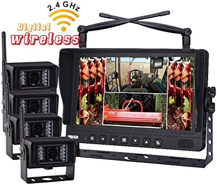 9-Inch Digital Wireless Quad Monitor with 4 Wireless Waterproof IR Camera System for Excavator, Cement Truck, Farm Tractor, Trailer, 5th Wheel, Rv Camper, Heavy Truck