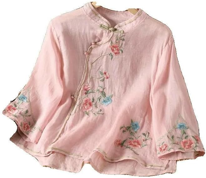 Women's National Style Spring Summer Cotton Linen Shirt Embroidered Retro Asymmetrical Frog Button 3/4 Sleeve Top