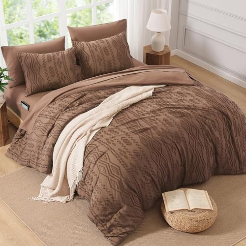 AMBERSPACE King Size Comforter Set Brown, Tufted Farmhouse Bedding Boho Bed Set, All Season 7 Pieces Bed in a Bag with Sheets, Pillowcases & Shams — view 3