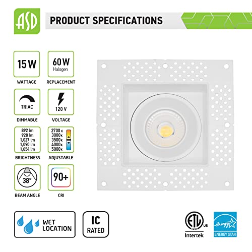 Asd Trimless Led Recessed Lighting 4 Inch 15W, 120V Canless Commercial Square Led Ceiling Light With Junction Box, 5 Cct 2700K-5000K 1000 Lm, Dimmable Led Downlight Cri 90+, Etl Energy Star White #TOP1