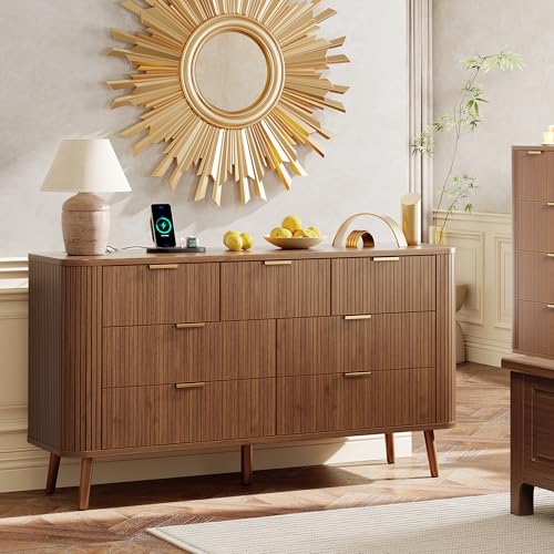 Alohappy Fluted 7 Drawer Dresser with Charging Station, 57\" Wide Modern Chest of Drawers, Mid Century TV Stand with Curved Profile Design for Bedroom, Living Room, Entryway, Home Office, Walnut