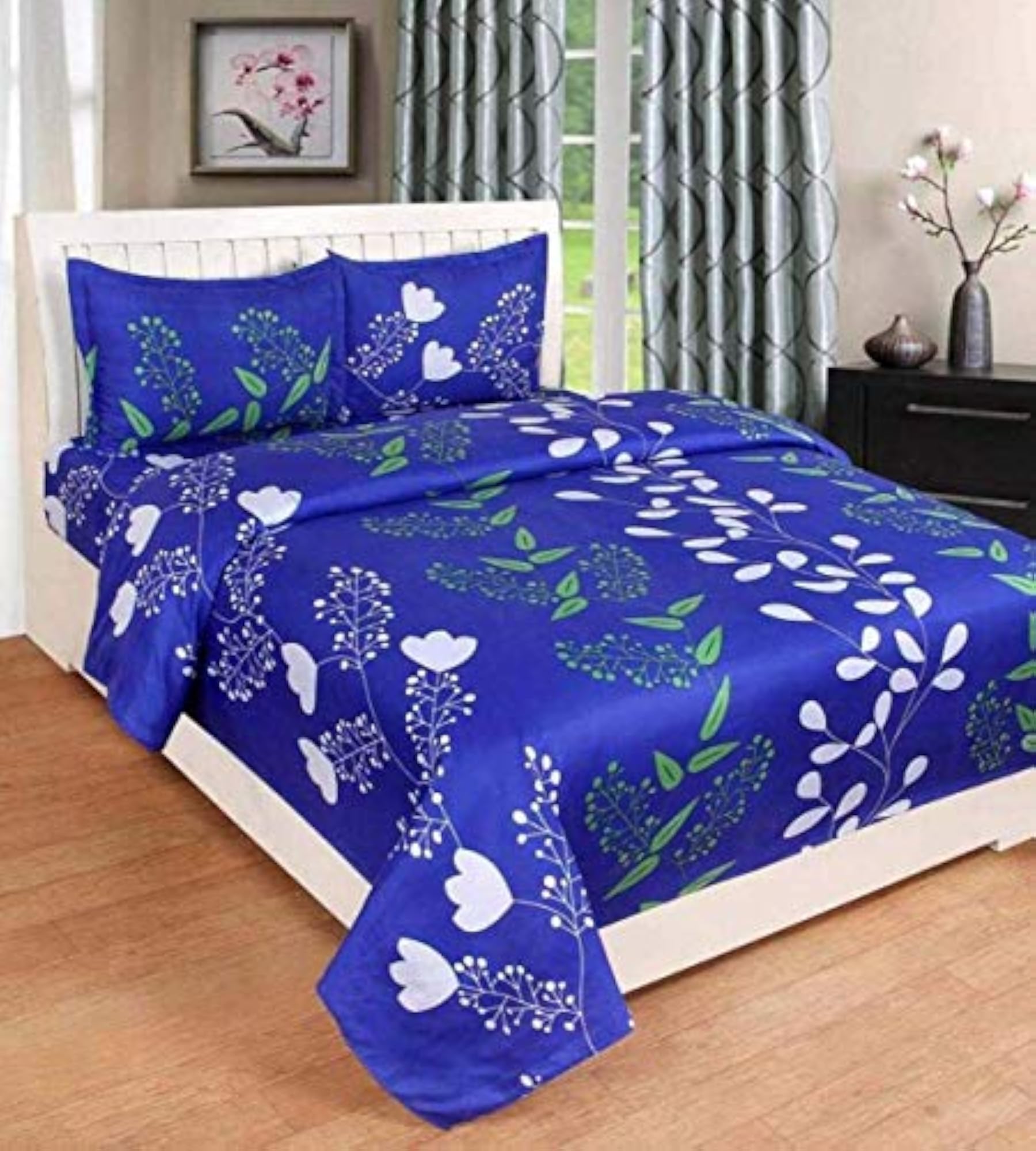 3D Floral Polycotton Bedsheet with 2 Pillow Covers, Blue