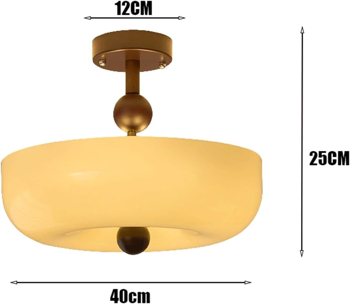 Mid Century Semi Flush Mount Ceiling Light, 3-Color Dimming Retro Glass Shade Ceiling Lamp, Cream & GoldArt Decor Brass Light Fixture, for Bedroom, Living Room, Hallway