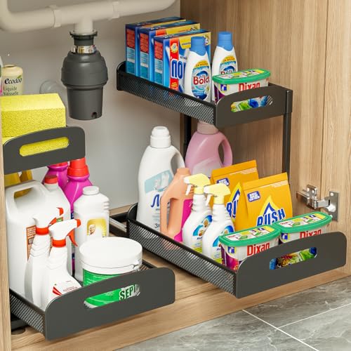 YASONIC 2 Pack Under Sink Organizer, 2 Tier Height Adjustable Kitchen Cabinet Organizer, Pull Out Metal Cabinet Shelf Organizer, Under the Sink Organizers and Storage for Kitchen & Bathroom, Black - image 1