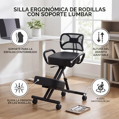 Miniatura 4 de Silla De Rodillas, Silla De Rodillas Ergonómica, Silla De Escritorio Ajustable Para Mejorar La Postura Con Ruedas Y Respaldo, Silla De Postura Ergonómica Para El Hogar, Oficina, Escritorio, Sala De Re