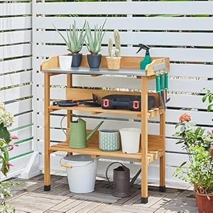 Topeakmart potting bench table wmetal tabletop for garden fir wood workstation w3 tier shelves outdoor work bench whook natural wood  urban country home decor