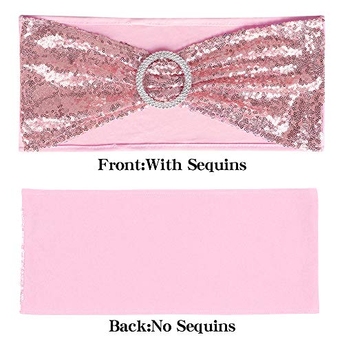 Desirable Life Pack Of 10 Chair Sashes Sequin Stretchy Spandex Bands Decorative Bows One-Sided Sequins Decor For Romantic Wedding Party Home Chair Cover Sash Decorations - Rose Gold #TOP2