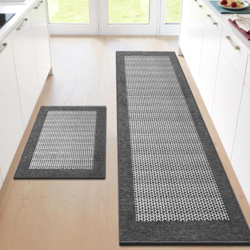 StepRite Kitchen Rugs 2 PCS, Kitchen Mats for Floor, 20"X32"+20"X72", Grey