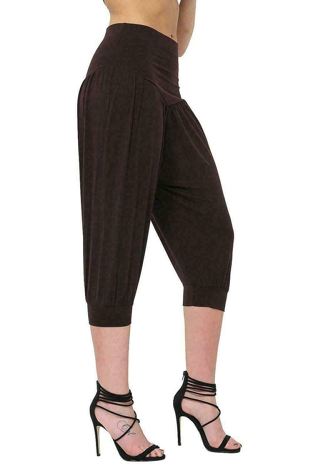 WearAll Womens Plus Size Cropped Harem Trousers Ladies 3/4 Plain Baggy Pants Brown 24-26