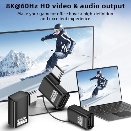 Puiseno USB-C Adapter, unterstützt Thunderbolt 5, USB 4 Gen 2, 240W, 80Gbps, kompatibel mit allen Geräten, seitlicher Winkel (2 Stück), vertikaler Winkel (1 Stück) - Schwarz